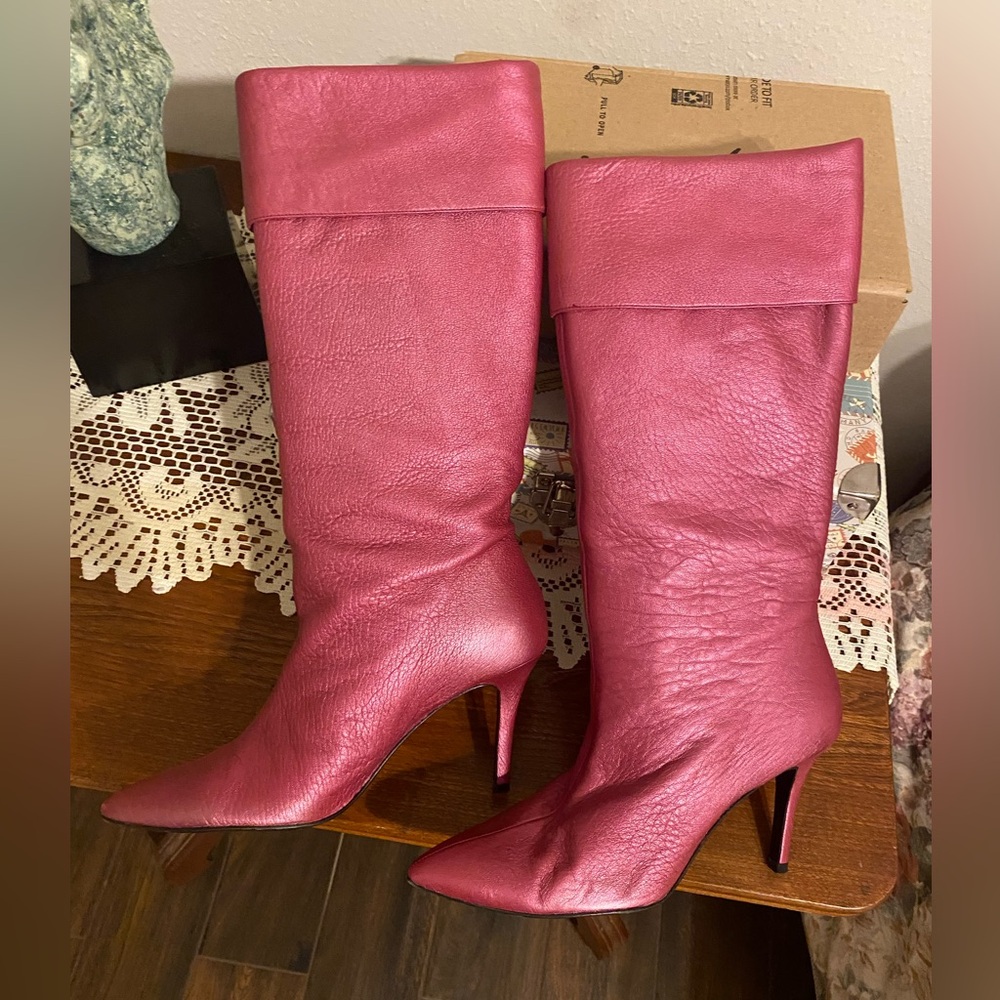 Delman Fuchsia Leather Pointed-Toe Midcalf Stiletto Boots